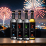 Anteel Tequila lined up with fireworks in the background.